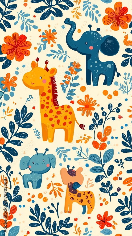 Obraz premium Cute safari animals and floral pattern.