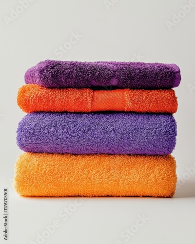 Stacked towels in vibrant purple, orange, and yellow shades for a cheerful bathroom decor.