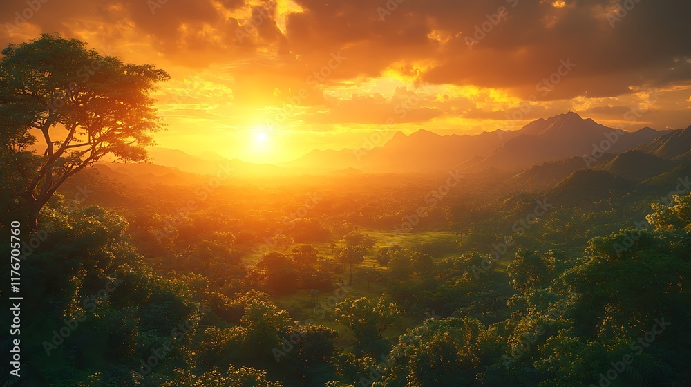 Obraz premium Serene sunset over lush mountains and valleys.