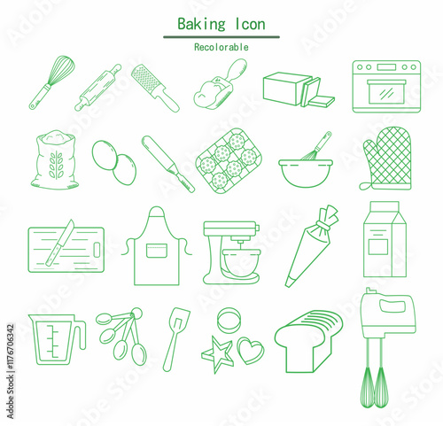 Baking doodle thin line icons set for baking, pastry, school, kitchen, and food design, perfect for seamless patterns, illustrations, and wallpaper