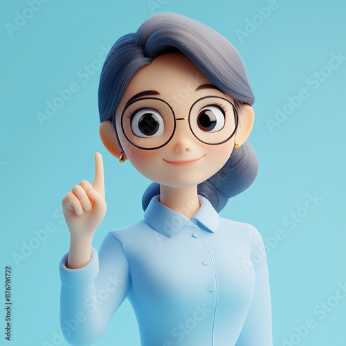 Woman with glasses and a blue shirt gestures encouragingly in a bright blue setting photo