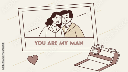 A simple line drawing of a photo of a couple with the words "You Are My Man" written above, symbolizing love and affection in a relationship.