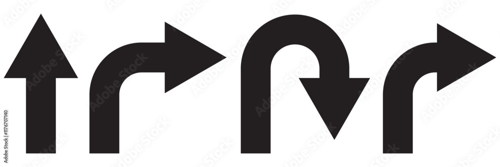 Go Straight, U turn, Right and Left, This Way, One Way, Only U Turn Black Arrow Sign Direction Icon Set. Vector Image. Go Straight, U turn, Right and Left, This Way, One Way, Only U Turn Black Arrow Sign Direction Icon Set. Vector Image.