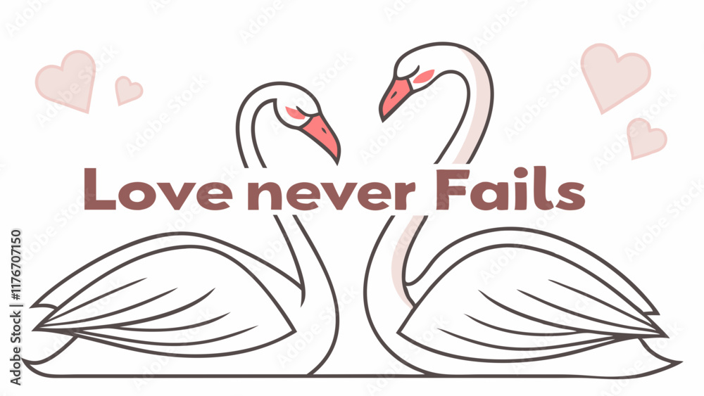 A simple line drawing of two swans forming a heart shape with the words A simple line drawing of two swans forming a heart shape with the words