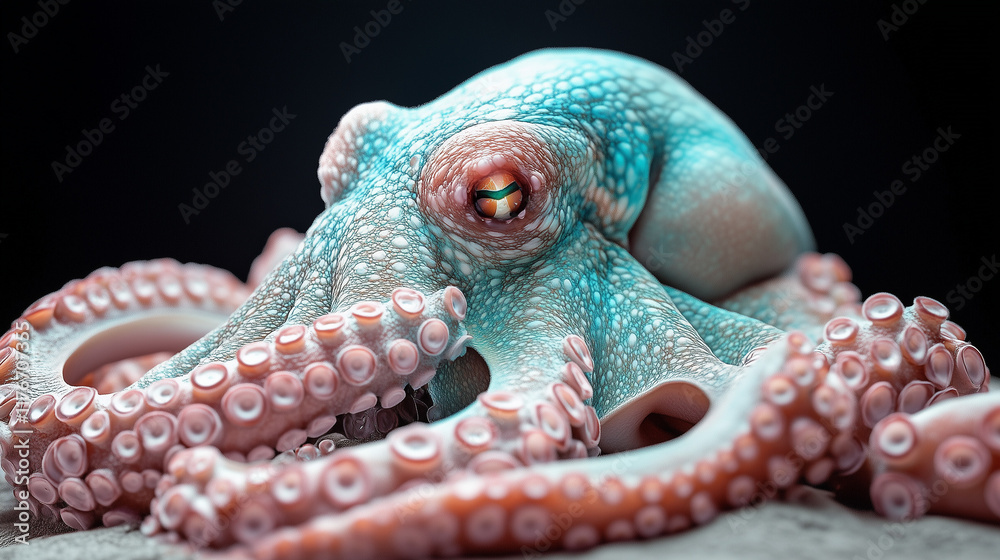 Obraz premium Intricate blue and pink octopus with detailed tentacles in close-up view on black backround