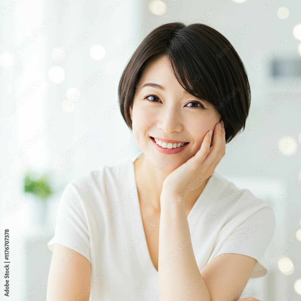 Elegant Japanese Woman in a Clean and Bright Setting, Radiating Positivity and Warmth with Her Short Haircut and Friendly Smile Elegant Japanese Woman in a Clean and Bright Setting, Radiating Positivity and Warmth with Her Short Haircut and Friendly Smile