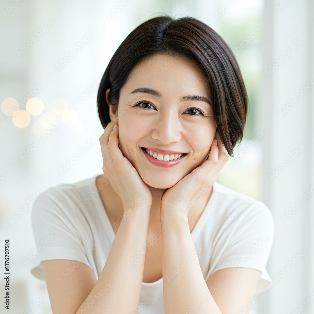 Elegant Japanese Woman in a Clean and Bright Setting, Radiating Positivity and Warmth with Her Short Haircut and Friendly Smile Elegant Japanese Woman in a Clean and Bright Setting, Radiating Positivity and Warmth with Her Short Haircut and Friendly Smile