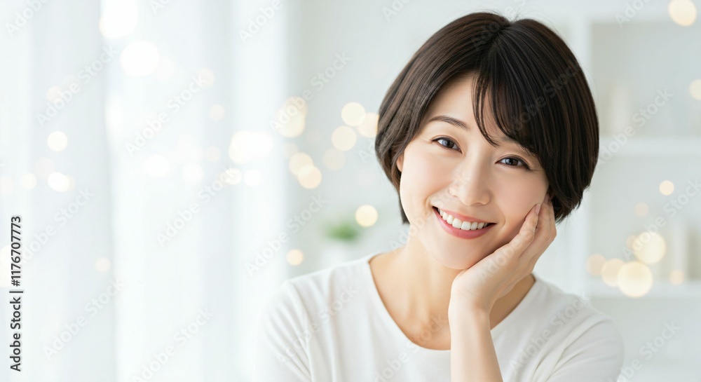 Elegant Japanese Woman in a Clean and Bright Setting, Radiating Positivity and Warmth with Her Short Haircut and Friendly Smile Elegant Japanese Woman in a Clean and Bright Setting, Radiating Positivity and Warmth with Her Short Haircut and Friendly Smile