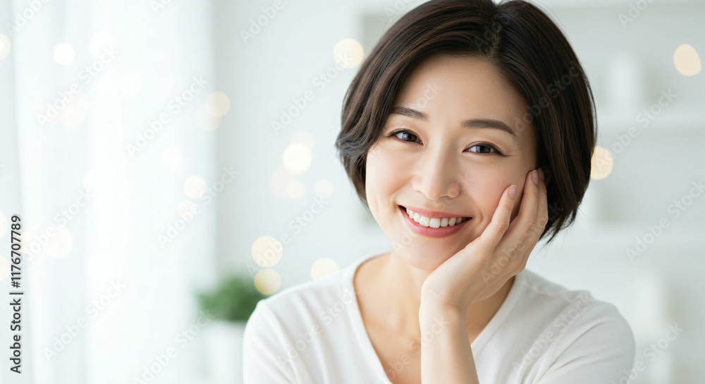 Elegant Japanese Woman in a Clean and Bright Setting, Radiating Positivity and Warmth with Her Short Haircut and Friendly Smile Elegant Japanese Woman in a Clean and Bright Setting, Radiating Positivity and Warmth with Her Short Haircut and Friendly Smile