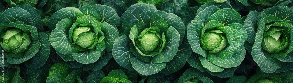Fresh Green Cabbage Rows in a Lush Garden Setting with Vibrant Leaves and Natural Sunlight Fresh Green Cabbage Rows in a Lush Garden Setting with Vibrant Leaves and Natural Sunlight
