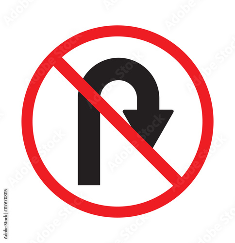 u turn left prohibited road sign, no left u turn allowed, move direction forbidden, red crossed circle vector pictogram. Prohibition road sign set. No U turn. Vector illustration