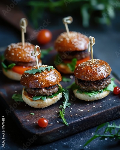 Savory mini burgers with sesame seed buns, topped with fresh greens and cherry tomatoes, served on a wooden board. photo