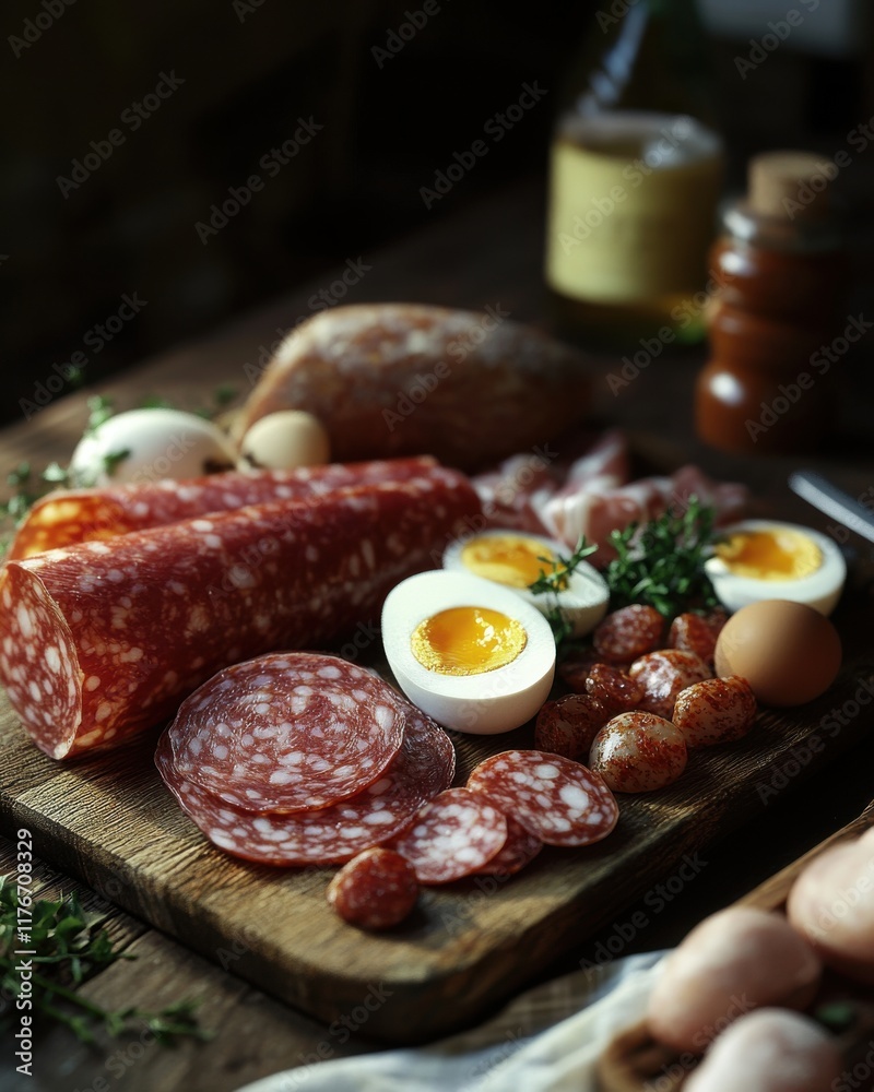 An appetizing array of cured meats, eggs, and herbs on a rustic wooden board, showcasing a rich, gourmet display. An appetizing array of cured meats, eggs, and herbs on a rustic wooden board, showcasing a rich, gourmet display.