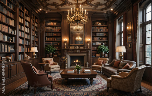 A lavishly decorated home library with sophisticated furnishings and a cozy sitting area exudes an air of luxury and refinement 