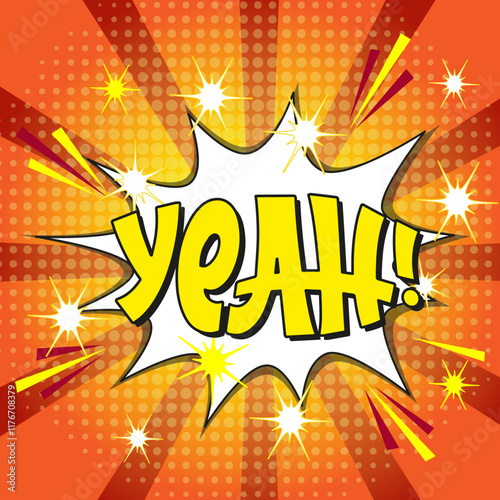 Comic lettering yeah with red lips and an open mouth. Vector bright cartoon illustration in retro pop art style. Comic text sound effects.	