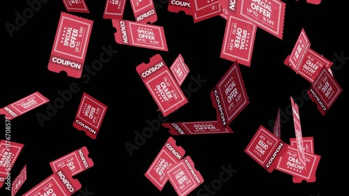 fall of coupons with discounts.Big sale, gift coupons.flying on black background