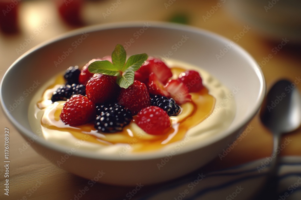 Delicious bowl of yogurt topped with fresh berries and drizzled with honey. Delicious bowl of yogurt topped with fresh berries and drizzled with honey.