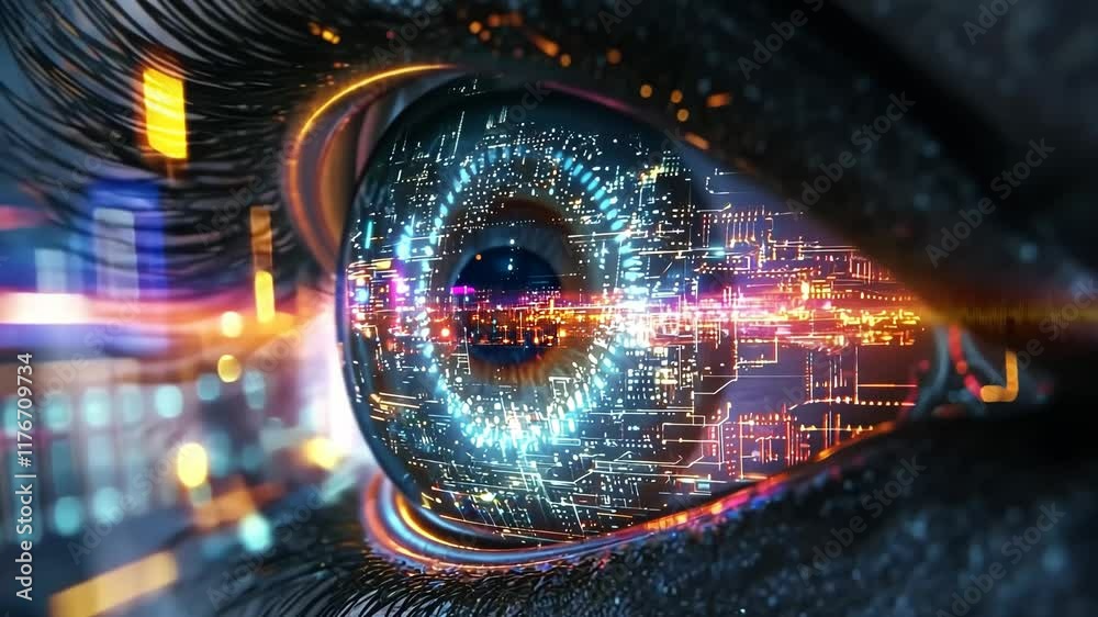 Futuristic Eye Reflecting a Vibrant, Technological Cityscape