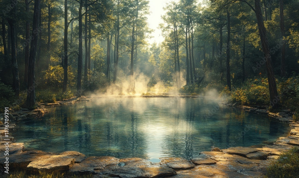 Serene forest pool, steaming water, sunlit trees. Serene forest pool, steaming water, sunlit trees.