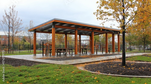Wooden pavilion, picnic tables, playground nearby, autumn leaves.