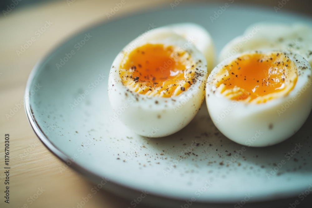 Close-up of perfectly boiled eggs with runny yolks, garnished with pepper on a simple plate. Close-up of perfectly boiled eggs with runny yolks, garnished with pepper on a simple plate.
