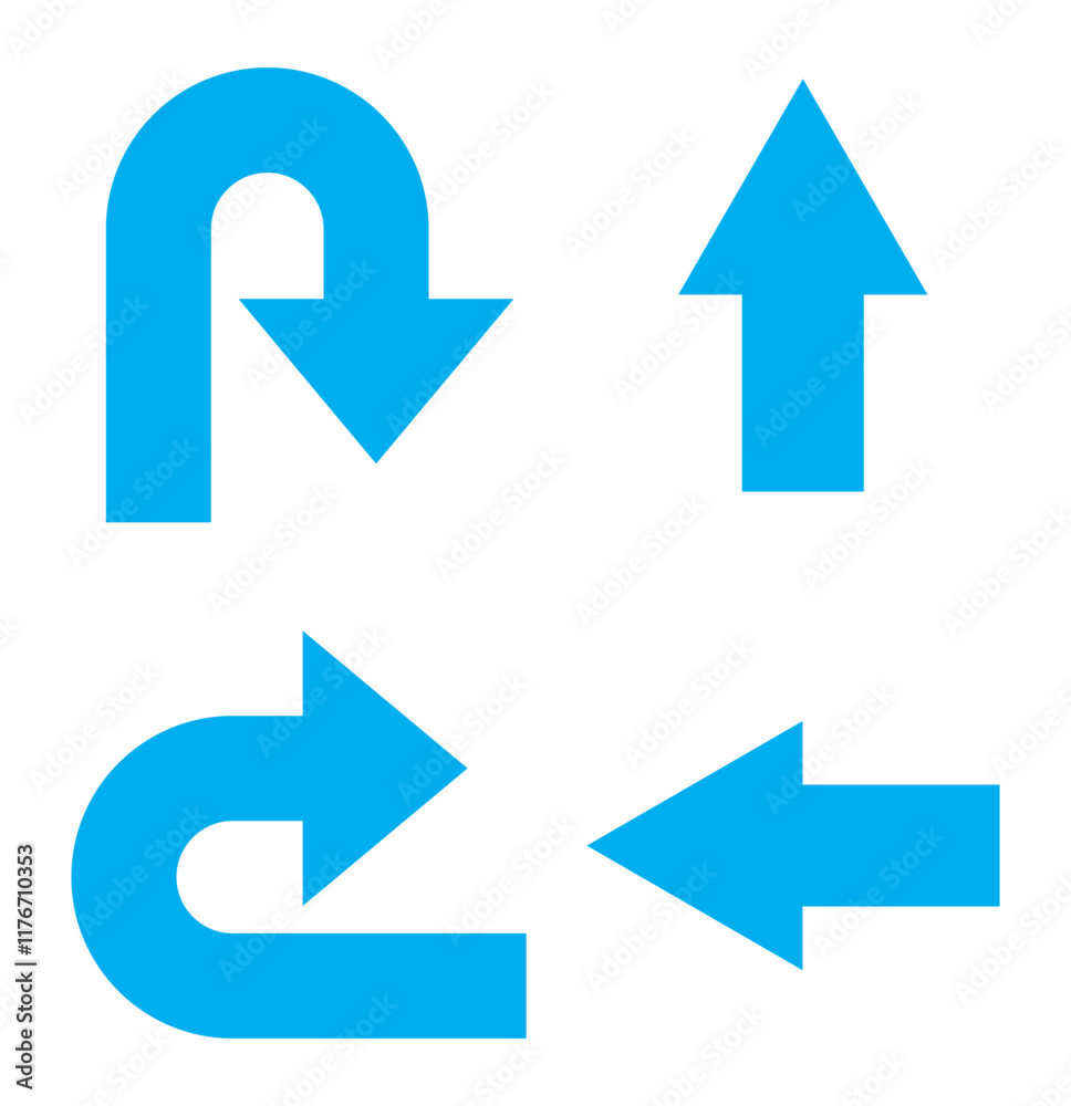 Go Straight, U turn, Right and Left, This Way, One Way, Only U Turn Blue Arrow Sign Direction Icon Set. Vector Image. Go Straight, U turn, Right and Left, This Way, One Way, Only U Turn Blue Arrow Sign Direction Icon Set. Vector Image.