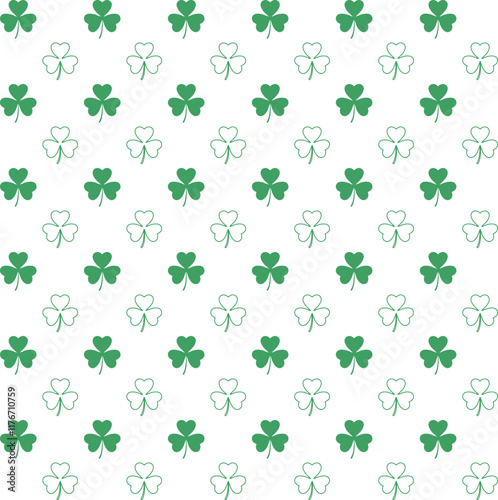 seamless pattern features green and white shamrocks, symbolizing luck and Irish heritage, perfect for festive St. Patrick's Day designs and decorations