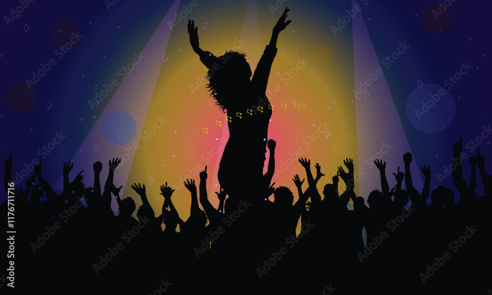 Cheerful people having fun celebrating. Crowd of fun people on party, holiday. Applause people hands up. Silhouette Vector Illustration Cheerful people having fun celebrating. Crowd of fun people on party, holiday. Applause people hands up. Silhouette Vector Illustration