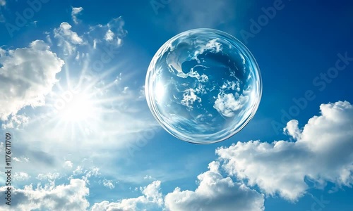 Transparent globe floats in blue sky with fluffy clouds