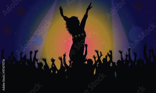 Cheerful people having fun celebrating. Crowd of fun people on party, holiday. Applause people hands up. Silhouette Vector Illustration