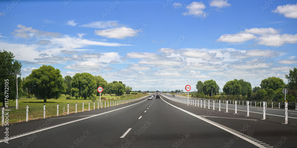 Driving on Waikato Expressway. 110 kmh road speed signs by the side of motorway. New Zealand. Driving on Waikato Expressway. 110 kmh road speed signs by the side of motorway. New Zealand.