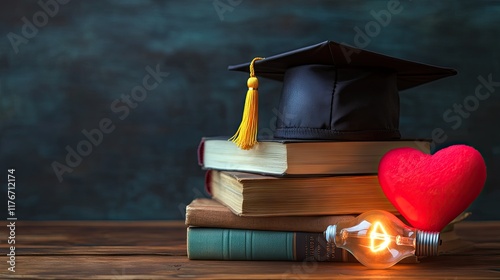 Graduation cap atop a stack of books with a lit bulb and a heart icon nearby photo