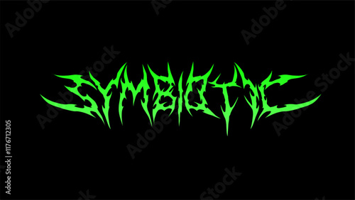 Symbiotic text typography vector in a striking and intense dark metal font style for t-shirt print apparel, sticker, poster, logo and more