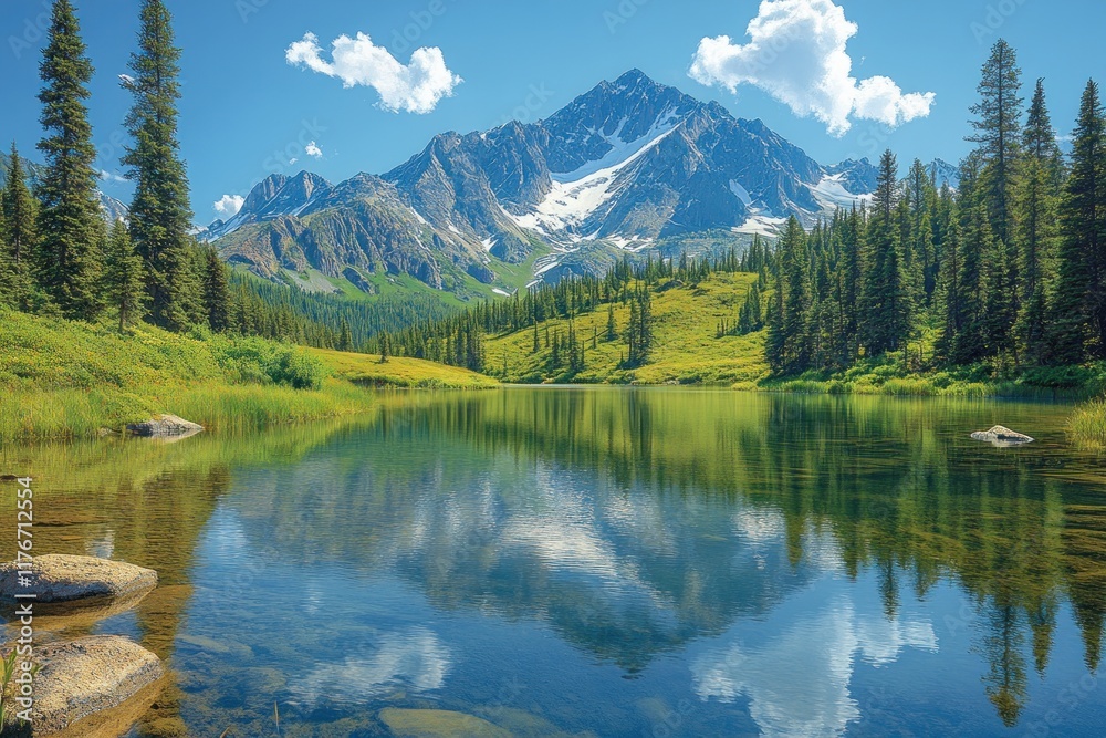 Serene mountain lake reflects sky, trees. Serene mountain lake reflects sky, trees.