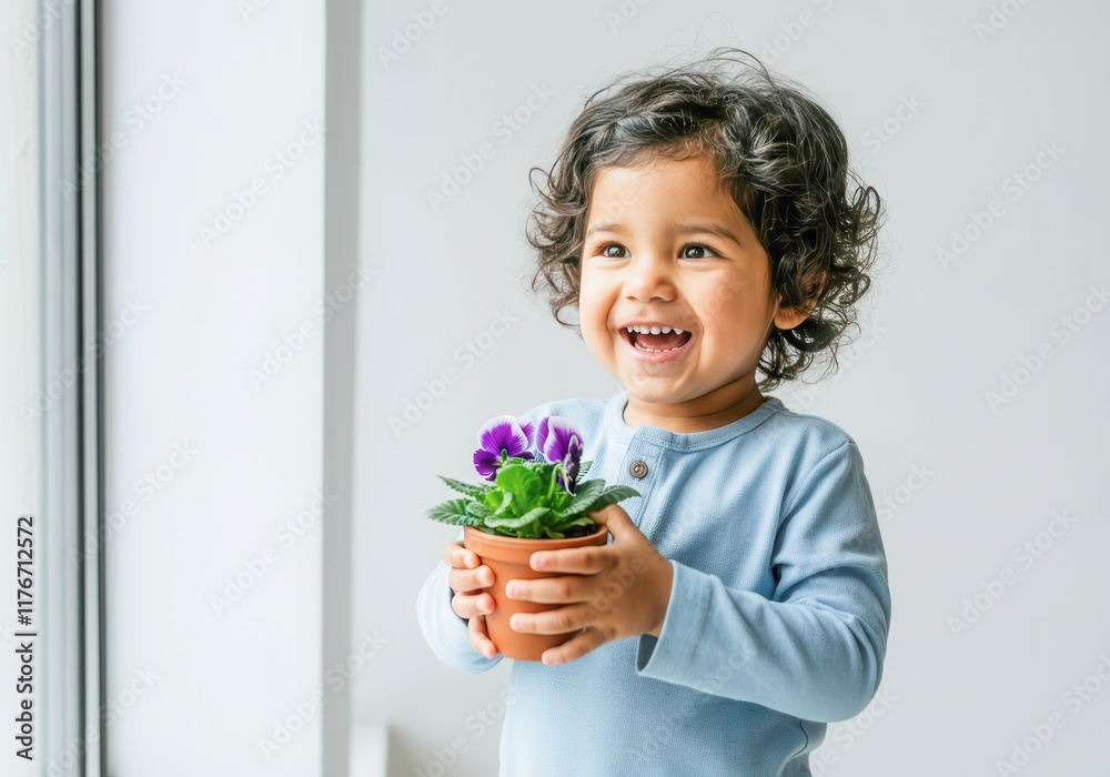 Happy young hispanic child holding potted purple flower by window Happy young hispanic child holding potted purple flower by window
