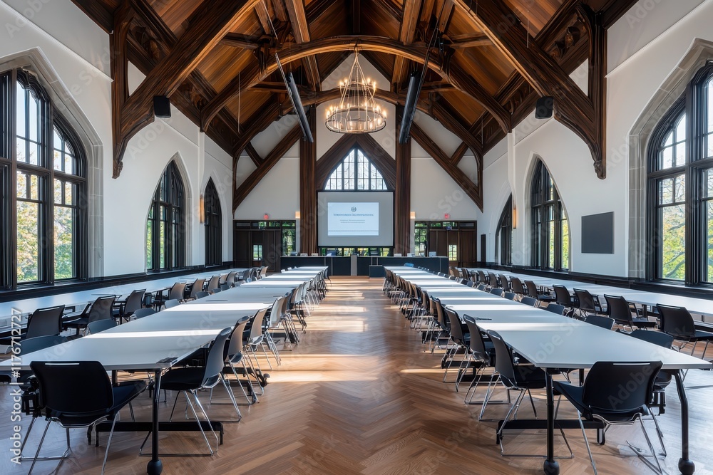 Fototapeta premium Collaborative learning space for traditional education university venue modern classroom design bright atmosphere interior perspective innovative teaching concept