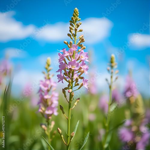 Blooming Willow herb flowers, Ivan chaj tea on blue sky. Willow herb meadow. Chamaenerion angustifolium flowers.Selective focus with shallow depth of field photo