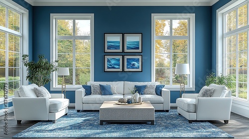 A modern living room with blue walls, large windows, and stylish furniture.