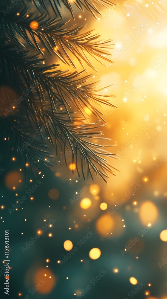Blurred bokeh lights with gentle glow peeking through pine needles providing a serene and festive atmosphere style book illustration Blurred bokeh lights with gentle glow peeking through pine needles providing a serene and festive atmosphere style book illustration