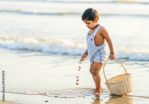 Young asian child collecting seashells on beach