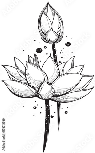 Lotus Bloom. A detailed line art drawing of a lotus flower and bud, symbolizing purity, enlightenment, and spiritual growth.