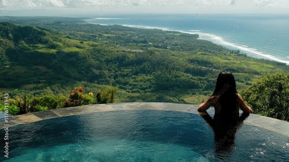 Fototapeta premium Infinity pool perched on a hillside with a young woman soaking in the ocean view