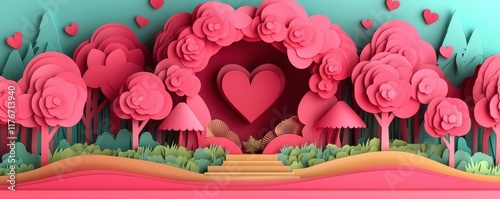 Valentine's Day paper cut out background concept. Colorful paper cut landscape with hearts and trees, whimsical and romantic