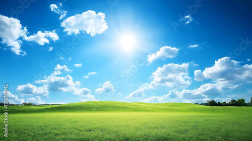 Fototapeta Naklejka Na Ścianę i Meble -  Rolling hills of a lush green meadow under a vibrant blue sky with scattered fluffy clouds 