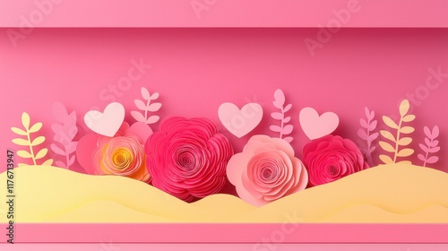 Valentine's Day paper cut out background concept. Colorful paper flowers and hearts arranged on a pink background
