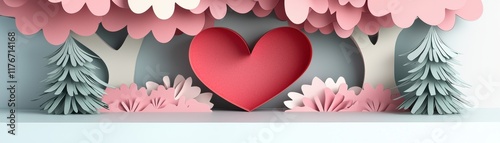 Valentine's Day paper cut out background concept. Paper art featuring a heart surrounded by trees and flowers in pastel colors