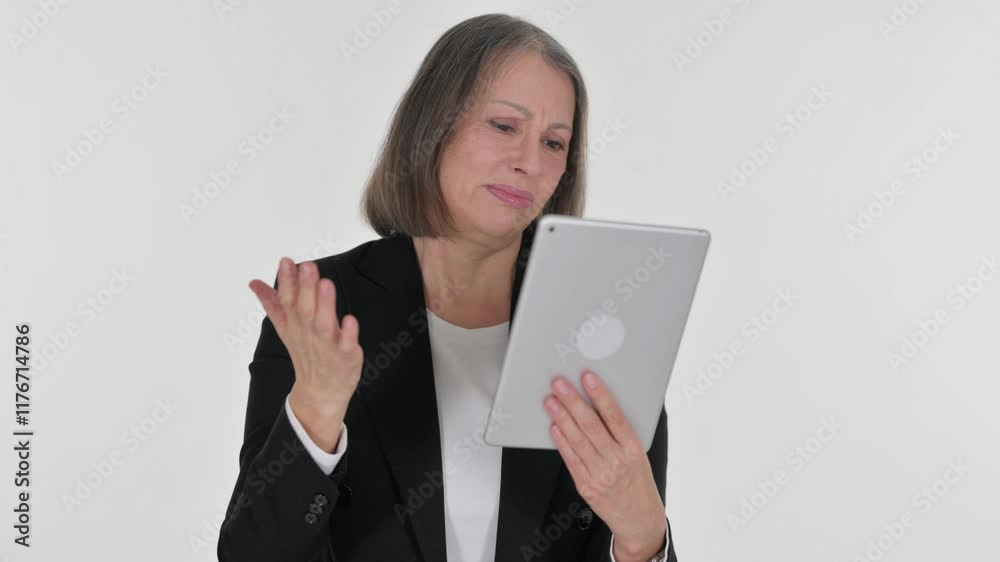 Senior Businesswoman with Loss on Tablet on White Background Senior Businesswoman with Loss on Tablet on White Background