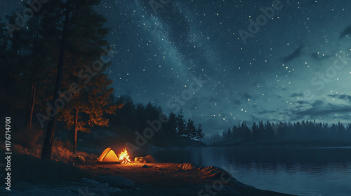 Starry night sky over a serene forest clearing with a cozy campsite and a glowing campfire 