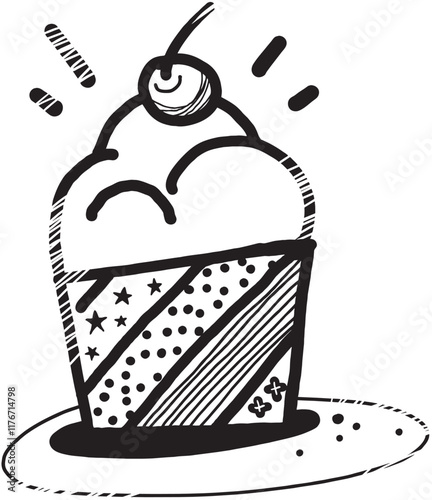 Sweet Celebration. A whimsical doodle of a cupcake with a cherry on top, radiating joy and sweetness.