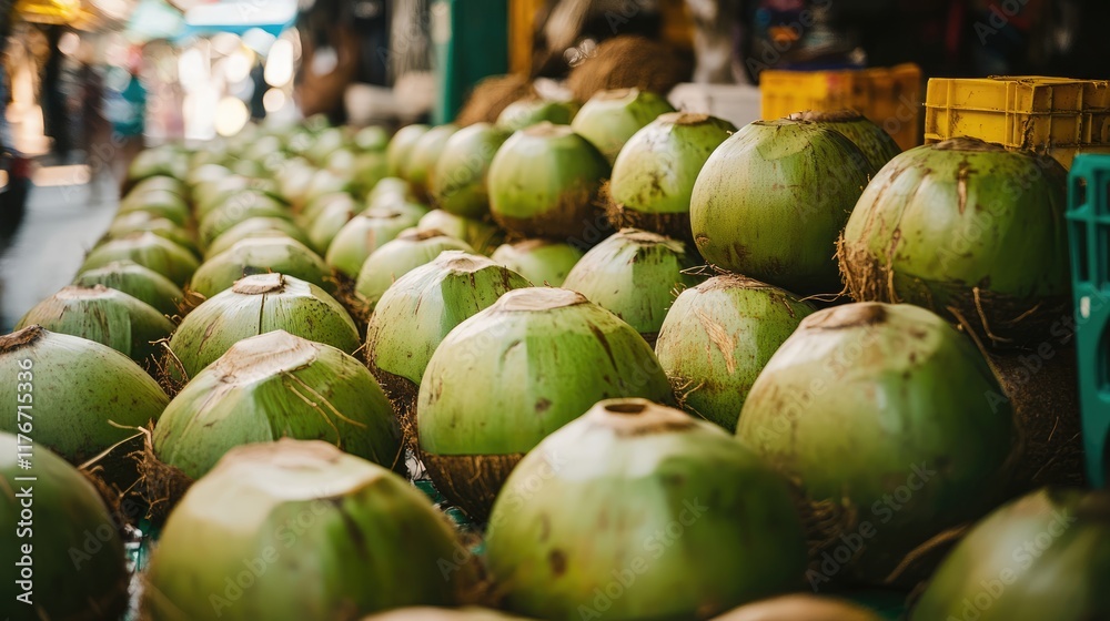 Rows of green coconuts on a table, prepared for processing into coconut water Rows of green coconuts on a table, prepared for processing into coconut water